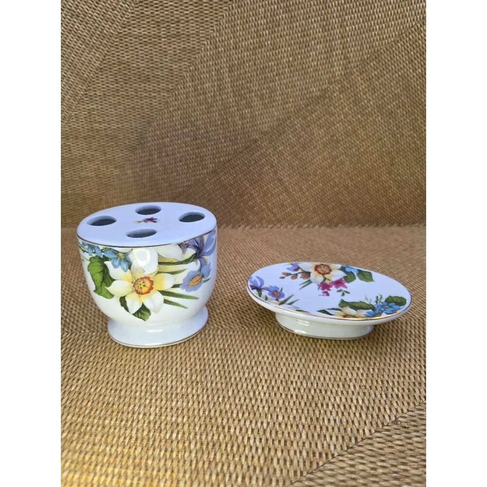Baum Bros Porcelain Toothbrush Holder‎ & Soap Dish Floral Design Bathroom Decor
